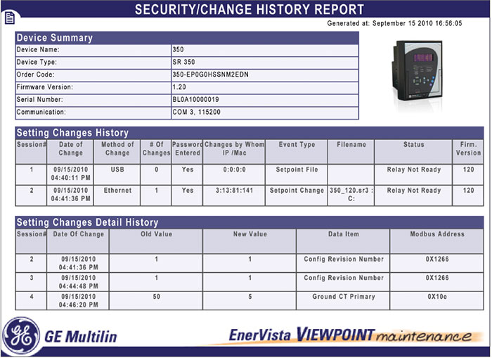 EnerVista security/change history report