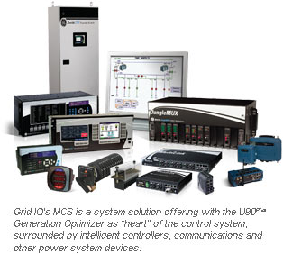 Grid IQ's MCS is a system solution offering with the U90Plus generation optimizer as the heart of the control system surrounded by intelligent controllers, communications and other power system devices